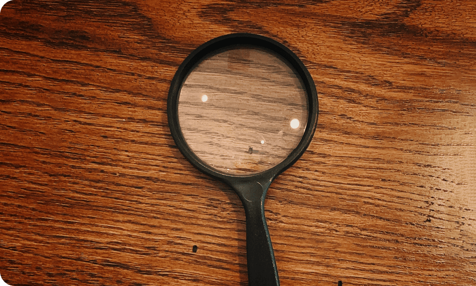 A magnifying glass on top of a wooden table.